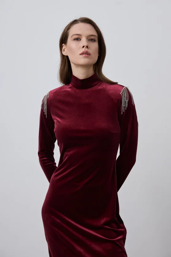 Velvet Evening Dress with Embellished Shoulders - Burgundy - Gusto