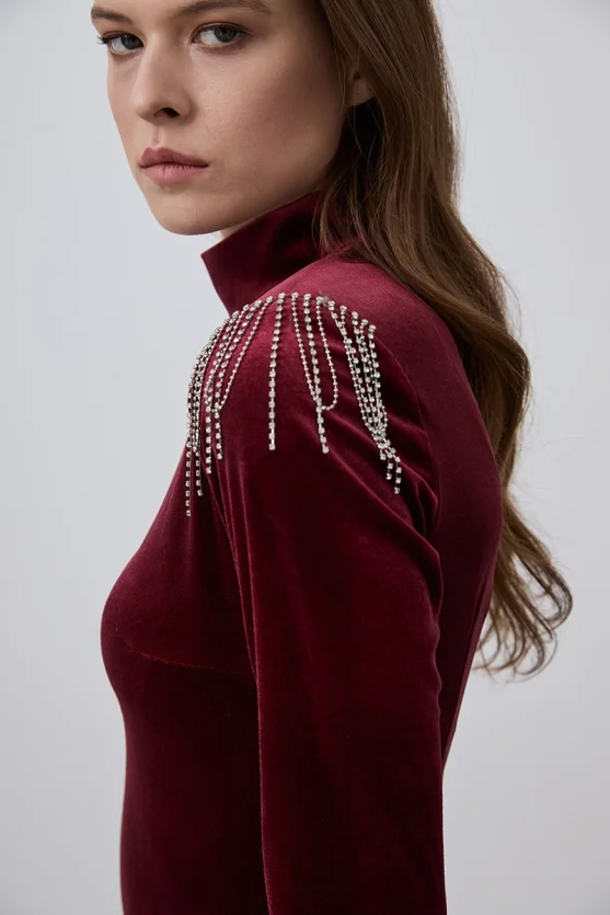 Velvet Evening Dress with Embellished Shoulders - Burgundy - 5