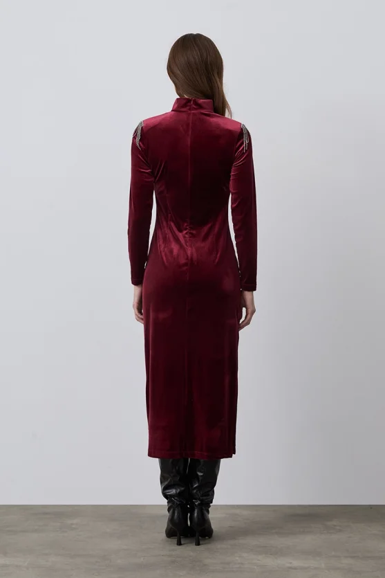 Velvet Evening Dress with Embellished Shoulders - Burgundy - Gusto