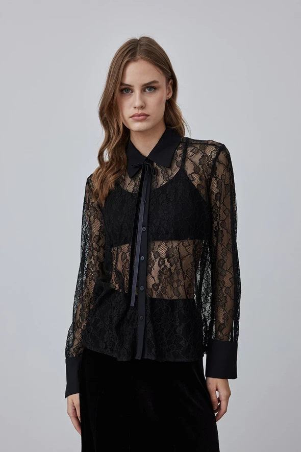 Velvet Lace Shirt with Ties - Black - 2