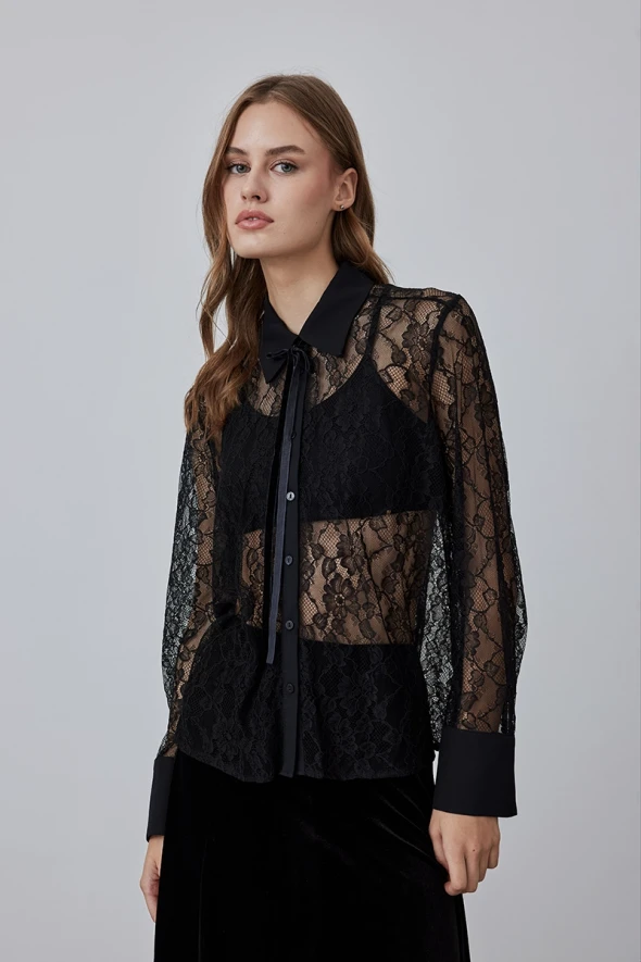 Velvet Lace Shirt with Ties - Black - 3