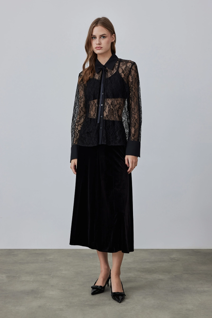 Velvet Lace Shirt with Ties - Black Black