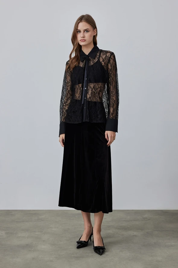 Velvet Lace Shirt with Ties - Black - 1