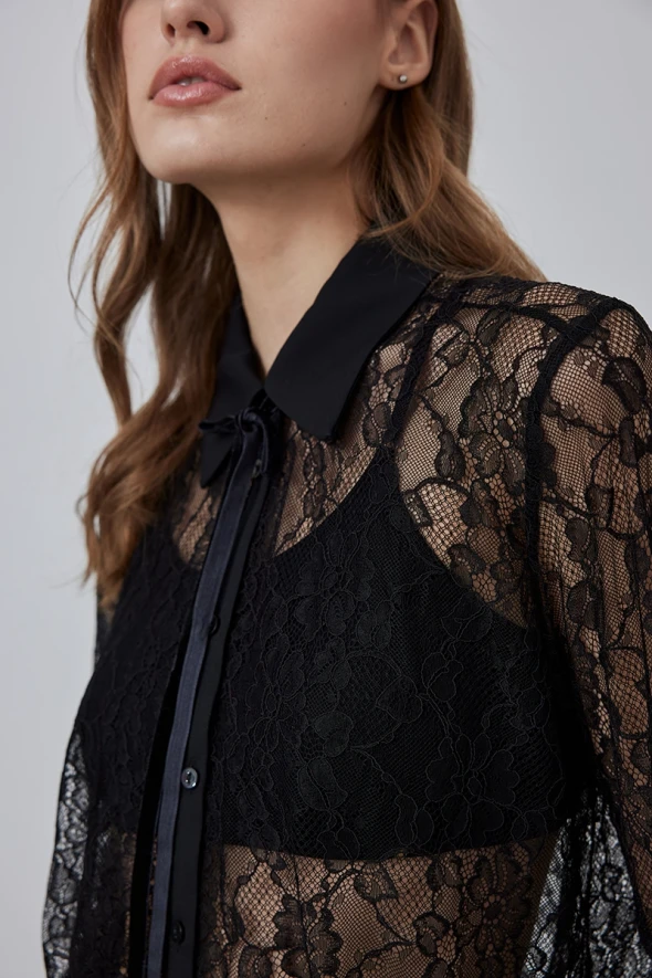 Velvet Lace Shirt with Ties - Black - 4