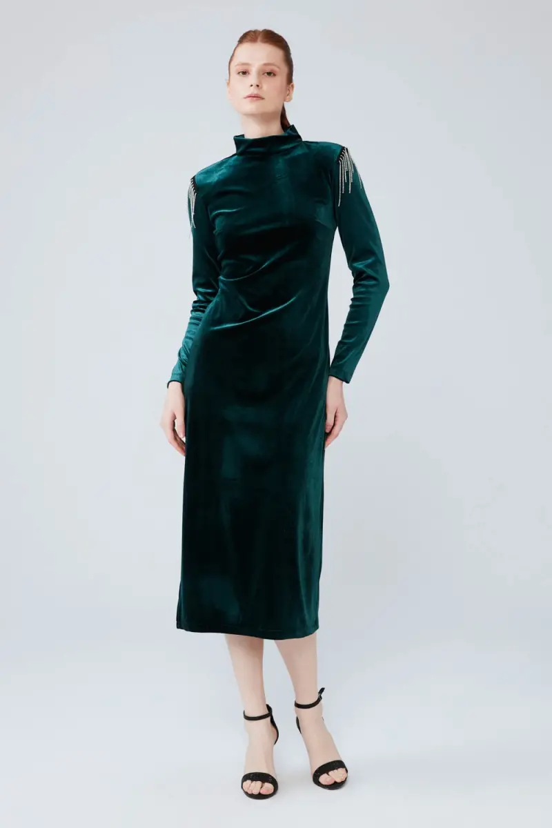 Velvet Long Dress with Shoulder Accessories - Green - 2