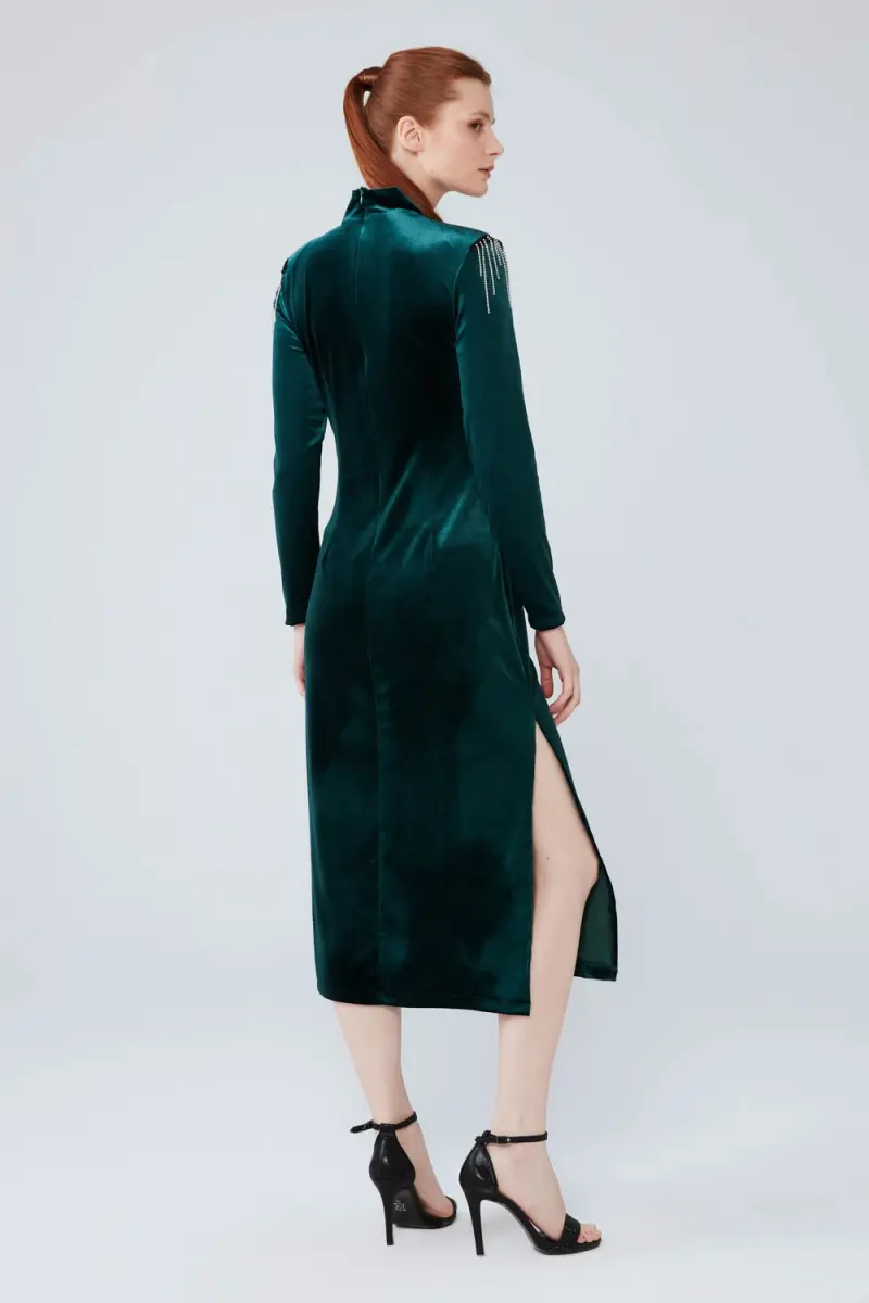 Velvet Long Dress with Shoulder Accessories - Green - 7