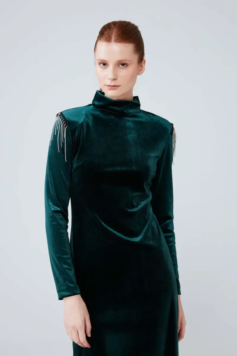 Velvet Long Dress with Shoulder Accessories - Green - 5