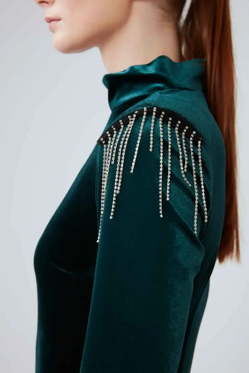Velvet Long Dress with Shoulder Accessories - Green - 6