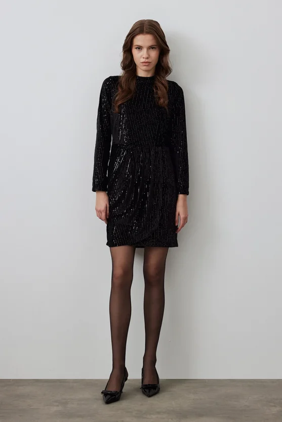 Velvet Sequin Party Dress - Black - 2