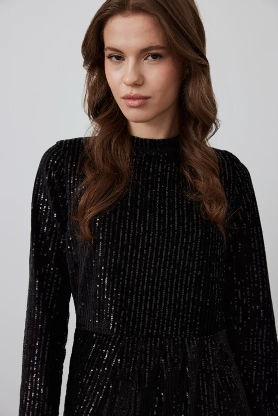 Velvet Sequin Party Dress - Black - Gusto