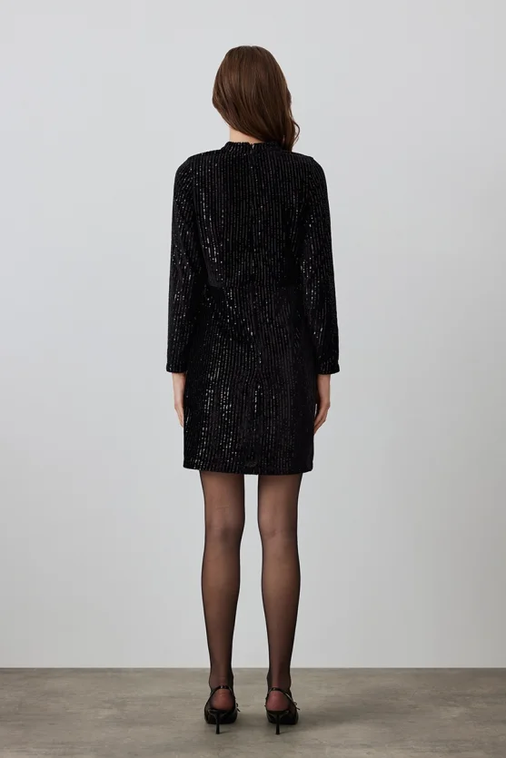 Velvet Sequin Party Dress - Black - 5