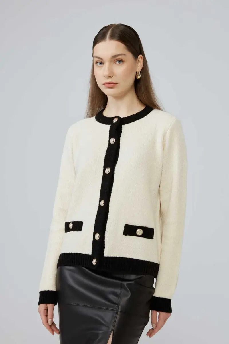Velvet Textured Garment Sweater Jacket - Ecru Autumn-Winter