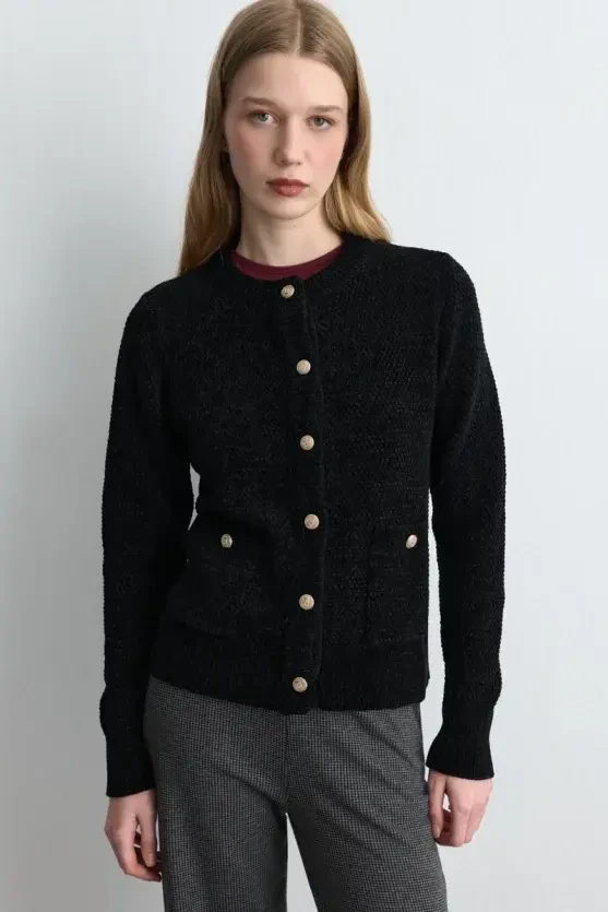 Velvet Textured Knit Jacket - Black - 2