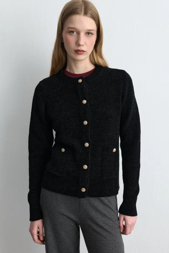 Velvet Textured Knit Jacket - Black - Gusto