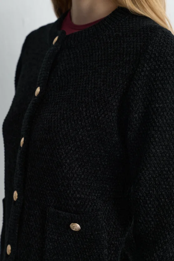 Velvet Textured Knit Jacket - Black - Gusto
