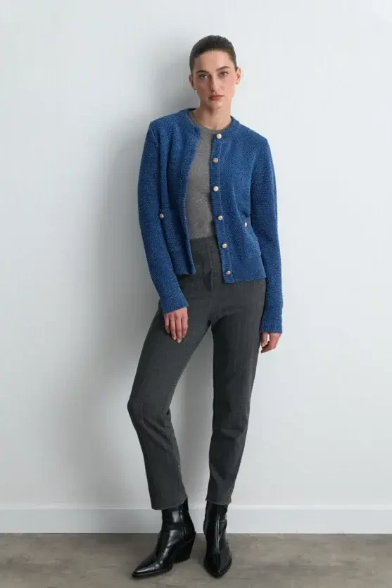Velvet Textured Knit Jacket - Blue - Gusto