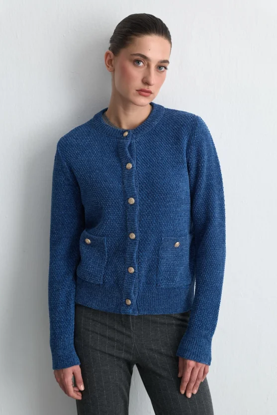 Velvet Textured Knit Jacket - Blue - Gusto