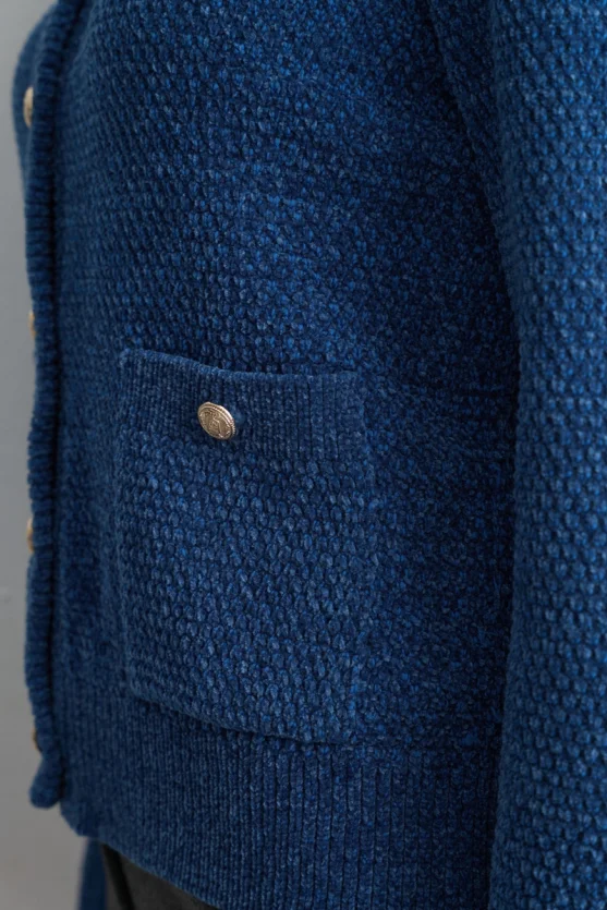 Velvet Textured Knit Jacket - Blue - Gusto