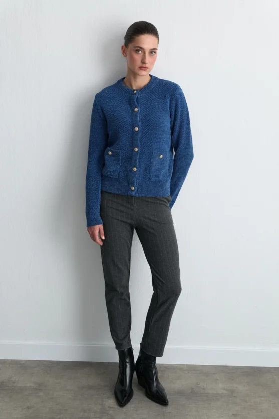 Velvet Textured Knit Jacket - Blue - Gusto