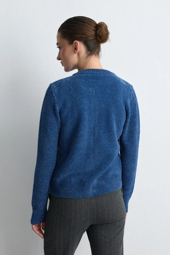 Velvet Textured Knit Jacket Blue - 5