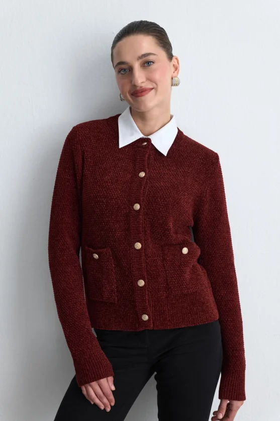 Velvet Textured Knit Jacket Burgundy - 2