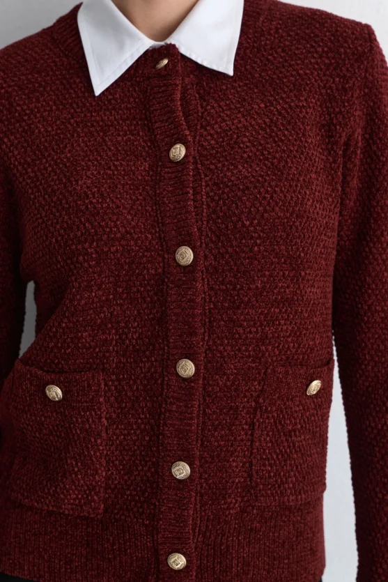 Velvet Textured Knit Jacket Burgundy - 3