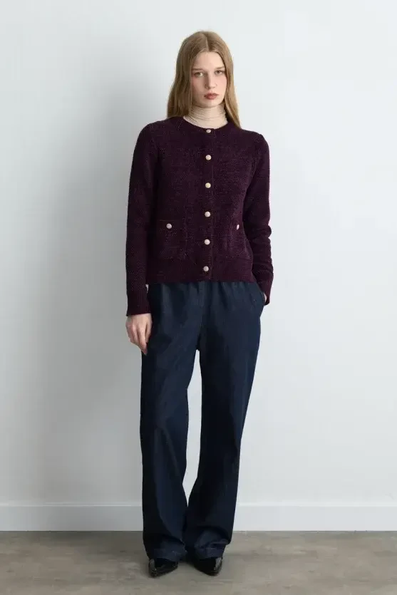 Velvet Textured Knit Jacket - Plum - 4