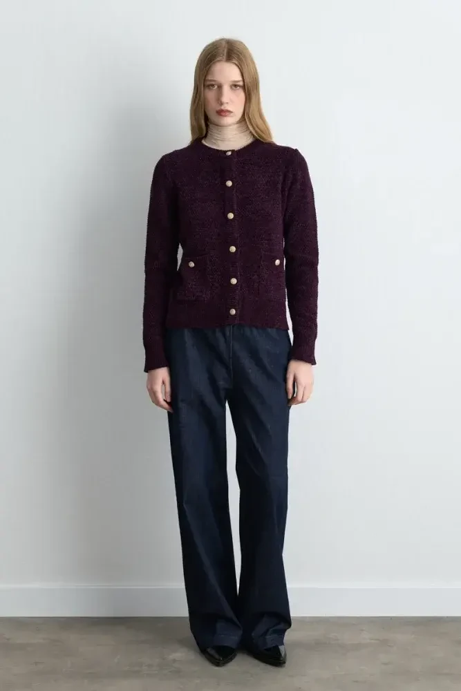 Velvet Textured Knit Jacket - Plum