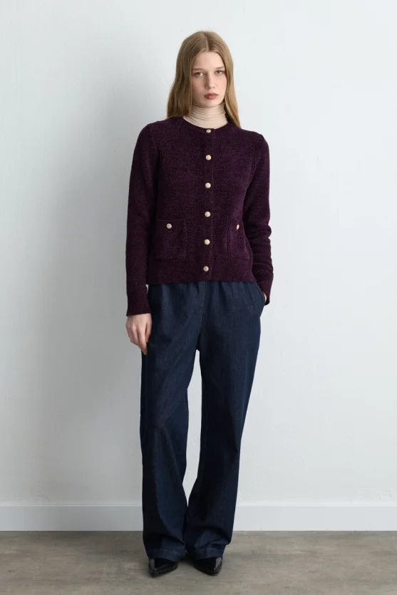 Velvet Textured Knit Jacket - Plum - Gusto