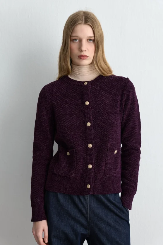 Velvet Textured Knit Jacket Plum - 2