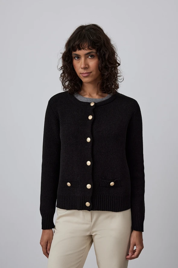 Velvet Textured Knitwear Jacket - Black - 1