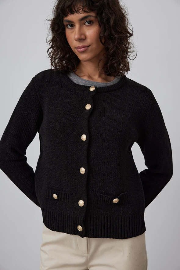 Velvet Textured Knitwear Jacket - Black - 3