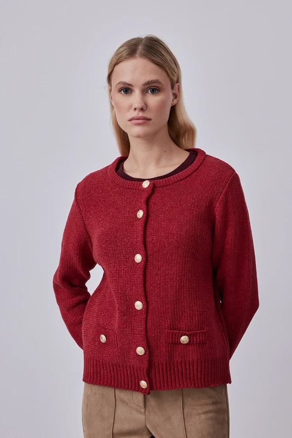 Velvet Textured Knitwear Jacket - Burgundy - 1