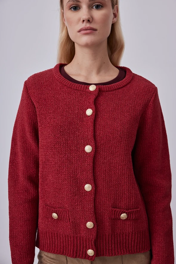 Velvet Textured Knitwear Jacket - Burgundy - 4