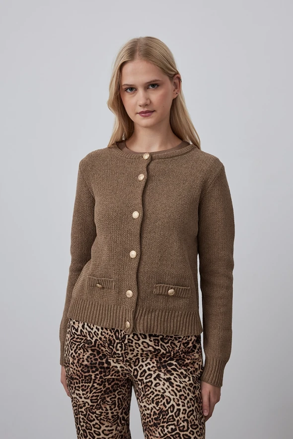 Velvet Textured Knitwear Jacket - Mink - 1