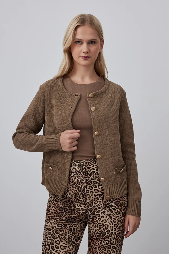 Velvet Textured Knitwear Jacket - Mink - 3