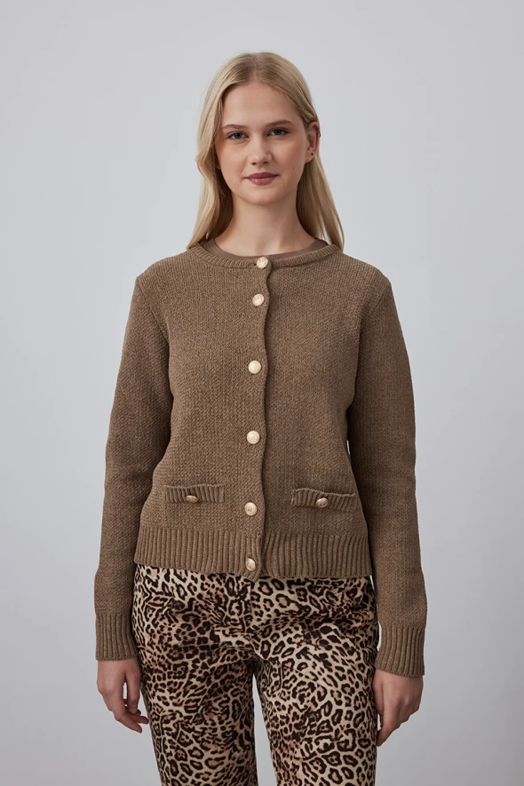 Velvet Textured Knitwear Jacket - Mink - 6