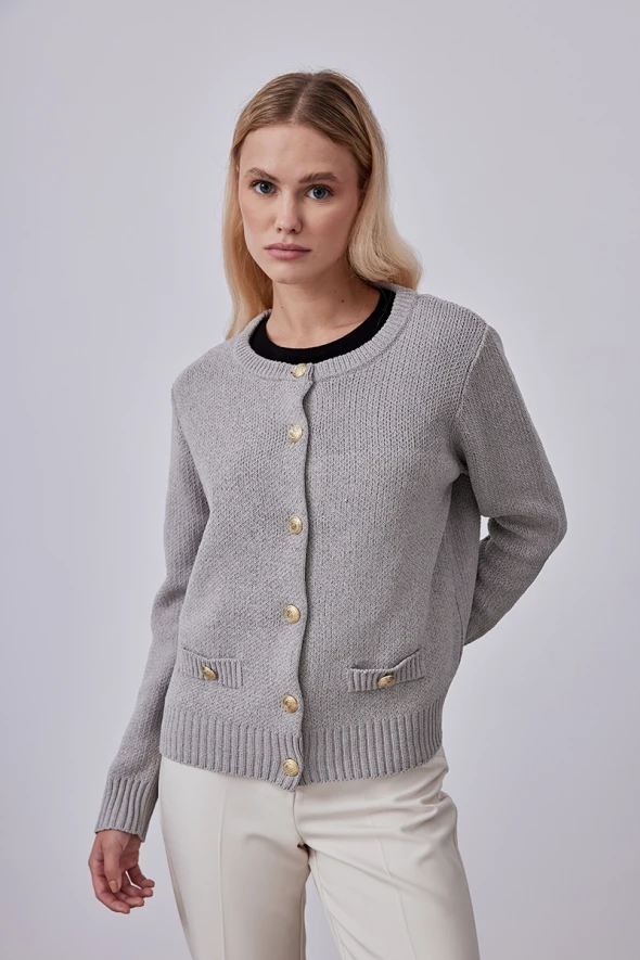 Velvet Textured Knitwear Jacket - Stone - 2