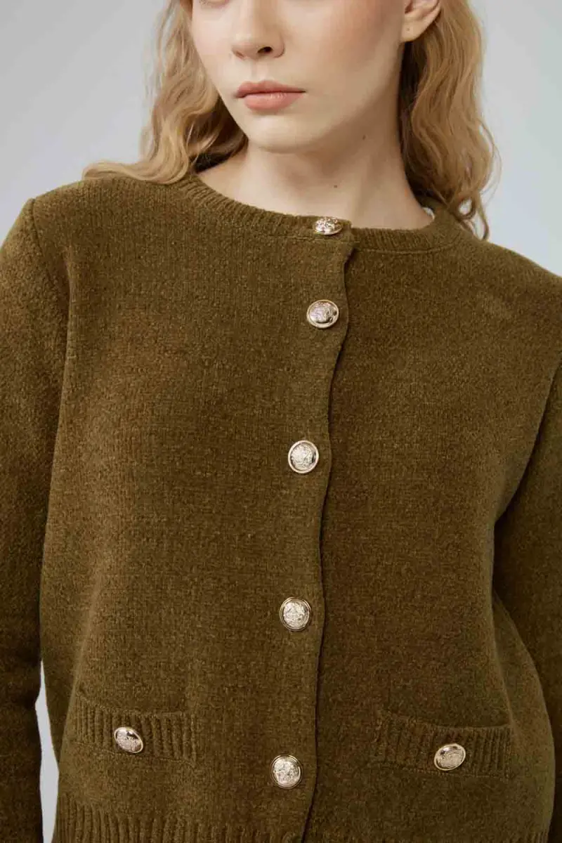 Velvet Textured Sweater Jacket - Khaki Autumn-Winter