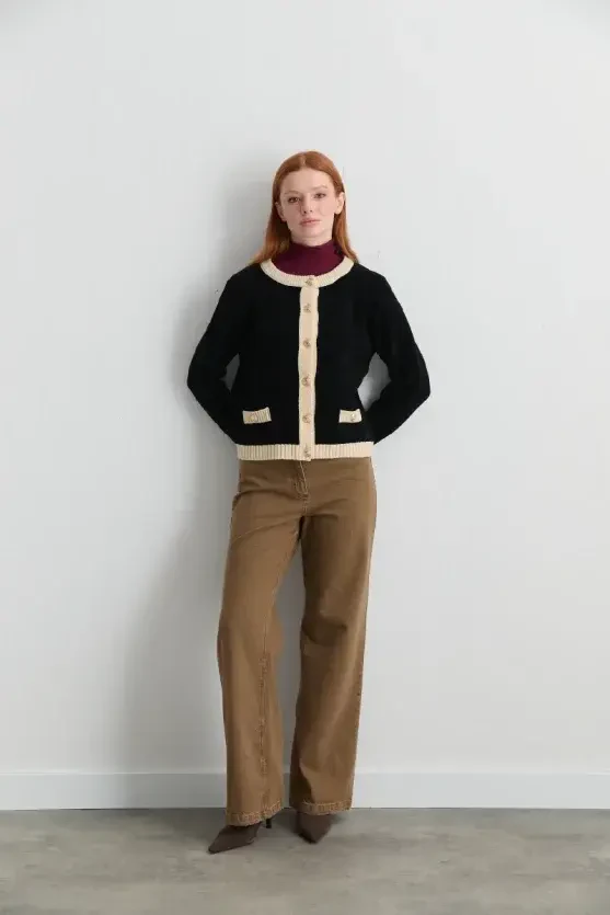 Velvet-Textured Trimmed Knit Cardigan - Black - Gusto