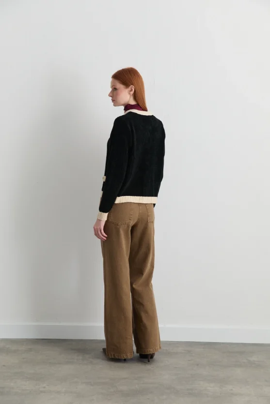 Velvet Textured Trimmed Knit Cardigan Black - Gusto