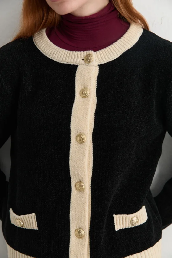 Velvet Textured Trimmed Knit Cardigan Black - Gusto