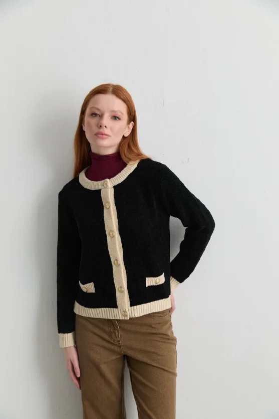 Velvet Textured Trimmed Knit Cardigan Black - Gusto