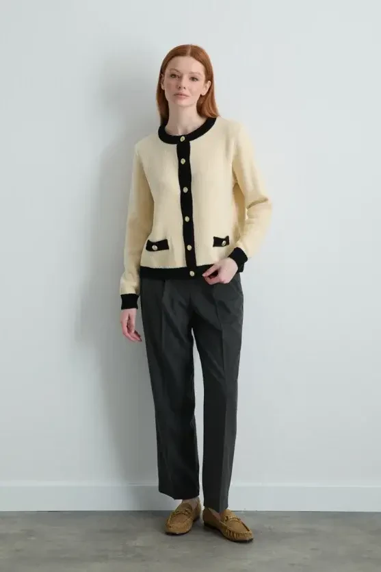 Velvet-Textured Trimmed Knit Cardigan - Ecru - Gusto