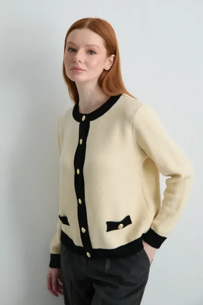 Velvet-Textured Trimmed Knit Cardigan - Ecru