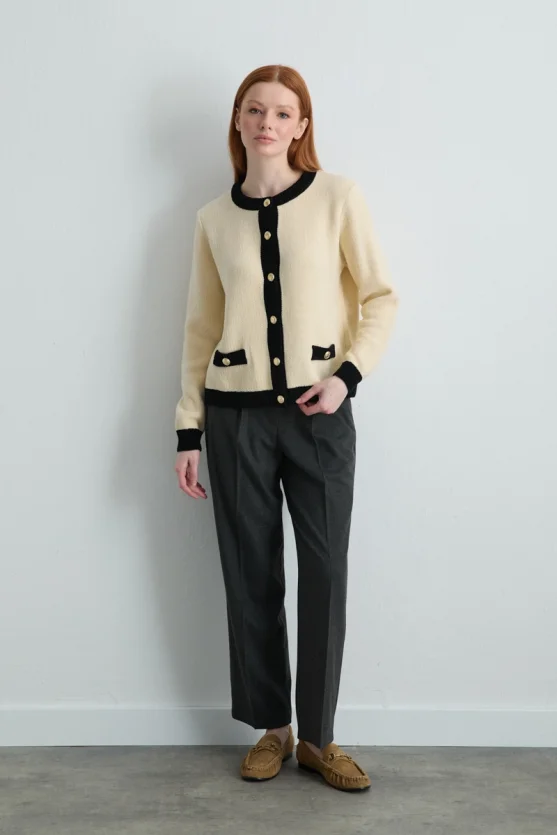 Velvet Textured Trimmed Knit Cardigan Ecru - 2