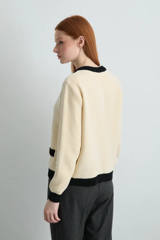 Velvet Textured Trimmed Knit Cardigan Ecru - 5