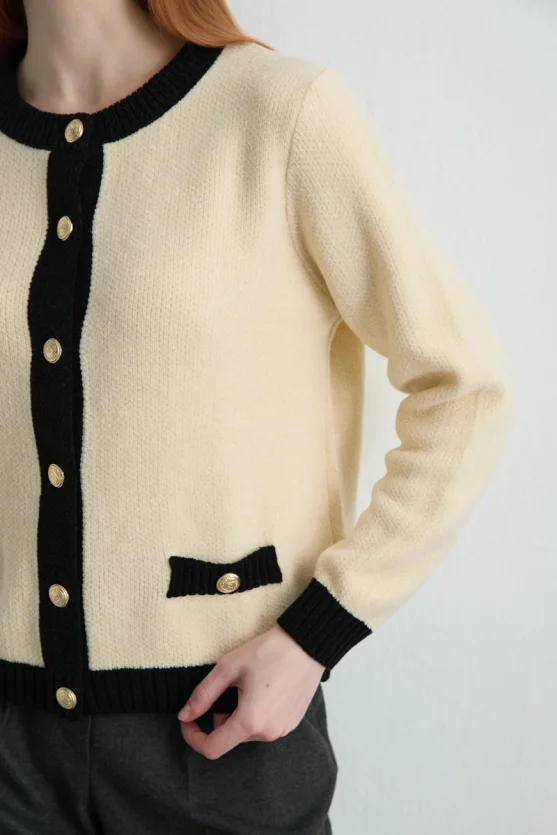 Velvet Textured Trimmed Knit Cardigan Ecru - Gusto