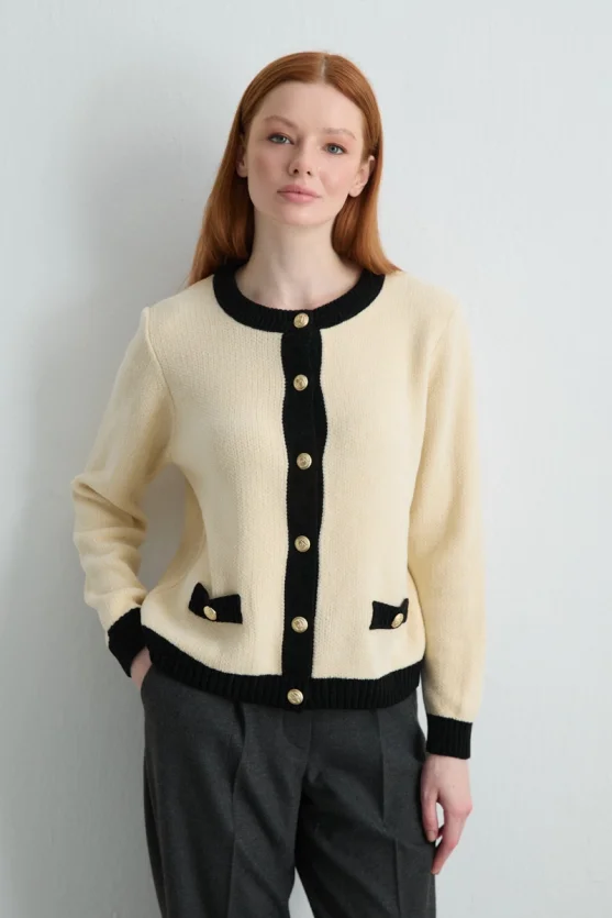 Velvet Textured Trimmed Knit Cardigan Ecru - 3