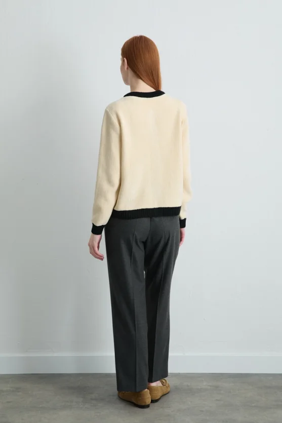 Velvet Textured Trimmed Knit Cardigan Ecru - 6